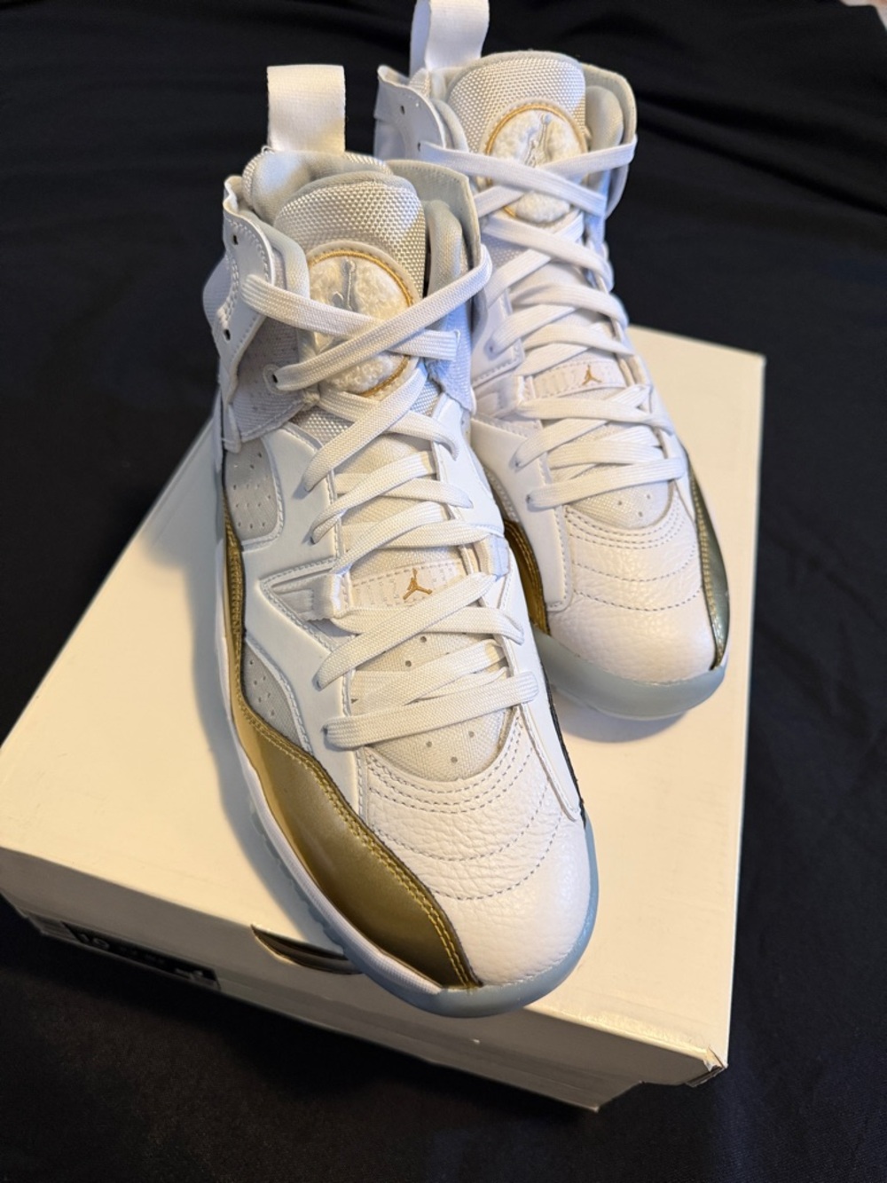 Jordan White and Metallic Gold Retro High-Top Sneakers